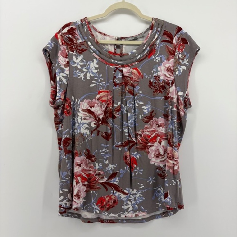 daniel rainn Women's Gray Pink Floral Print Cap Sleeve Pleated Neck Top PXL